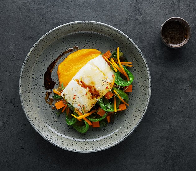 Pan-fried Norwegian cod with pumpkin and brussels sprouts