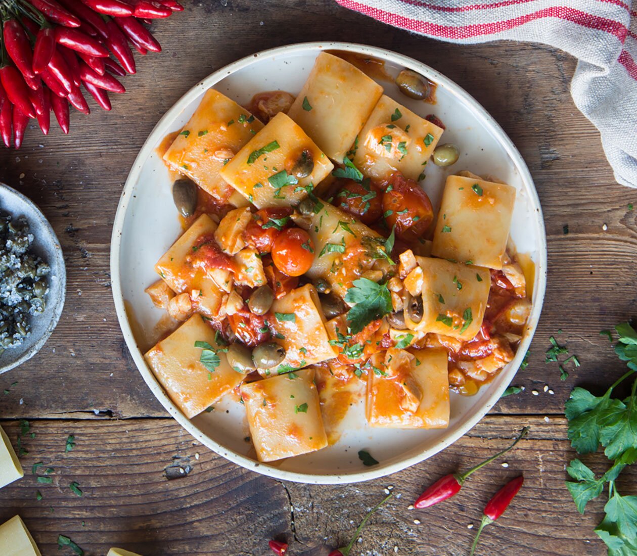 Pasta with Norwegian stockfish and puttanesca sauce