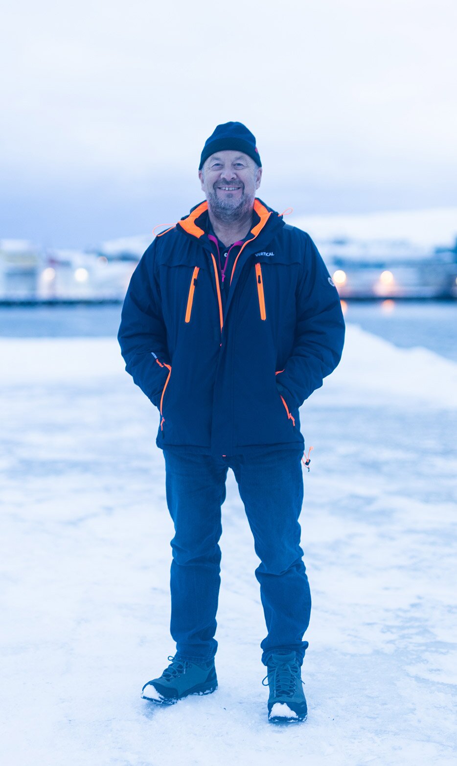Man on dock in winter